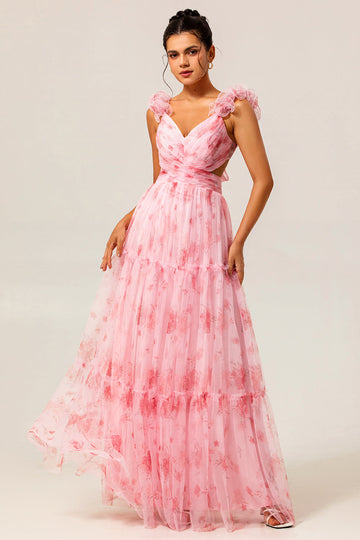 Blush Flower A-Line Cut Out Ruched Backless Print Long Bridesmaid Dress